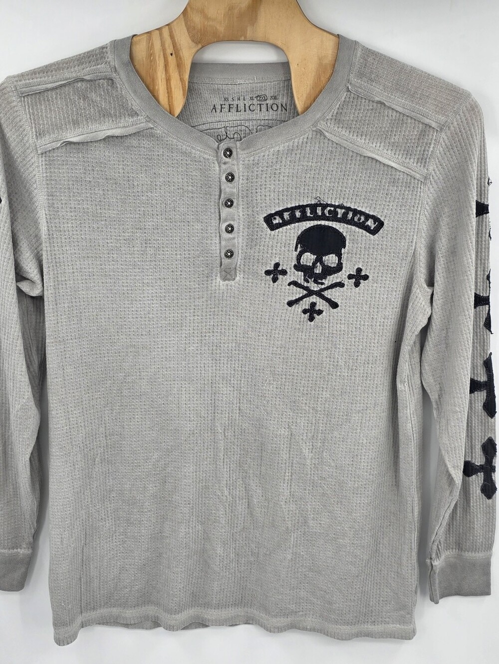 Affliction Thermal Long Sleeve Gray Skull Y2K Shirt Men's 2XL